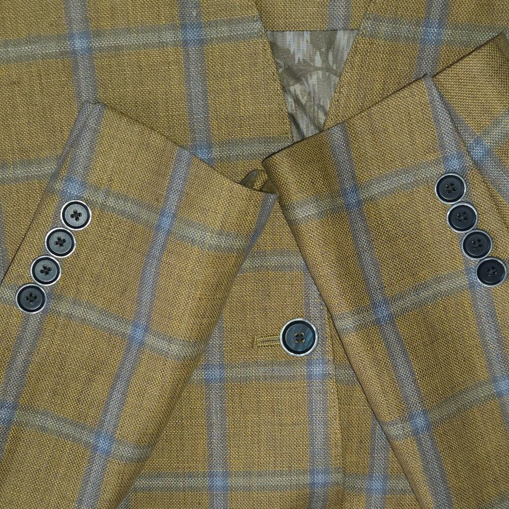Mustard Yellow with Light blue Check Linen 2-Button Jacket - Picture 4 of 13